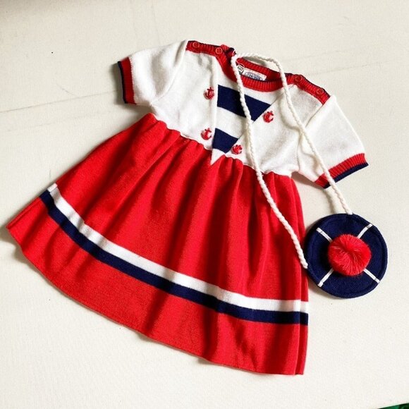 Vintage Glynne Percy Knit Nautical Motif Dress w Matching Purse 24M - Picture 2 of 8